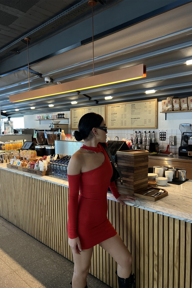 Kırmızı Pencere Detay Fitilli Mini Elbise ATE3312 - 5