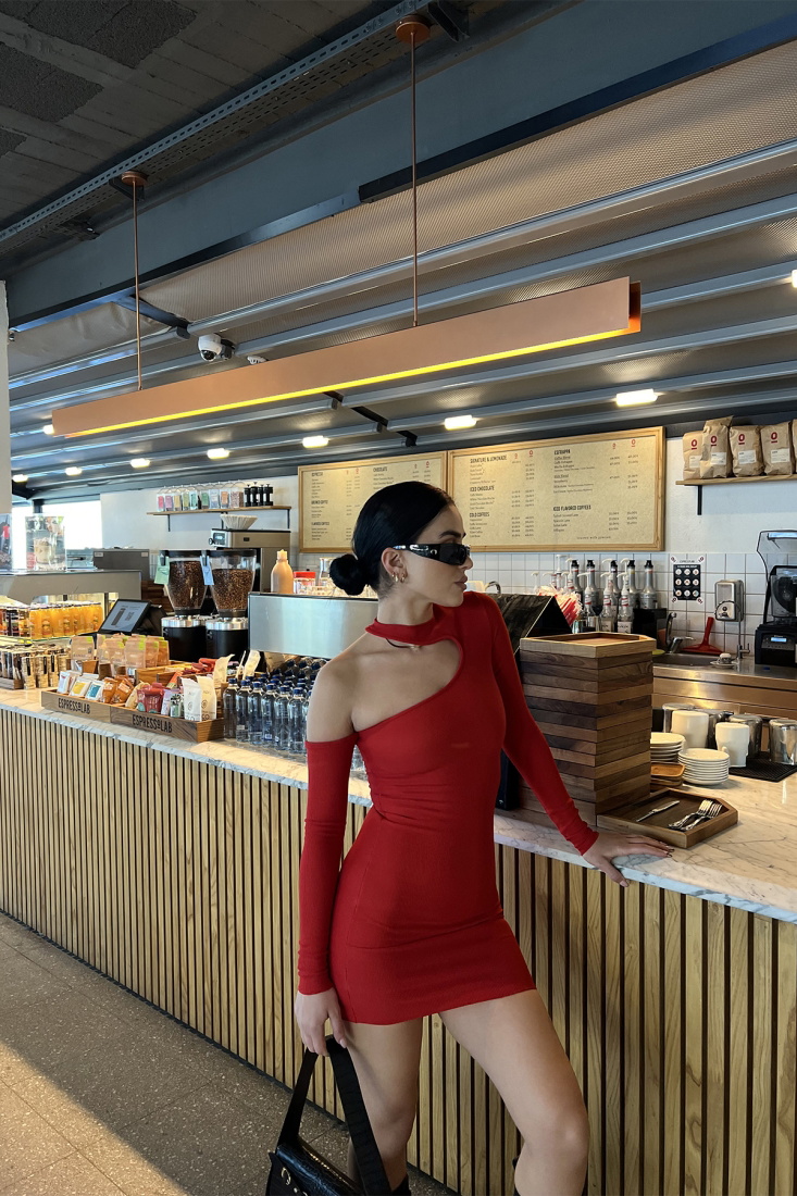 Kırmızı Pencere Detay Fitilli Mini Elbise ATE3312 - EYYO