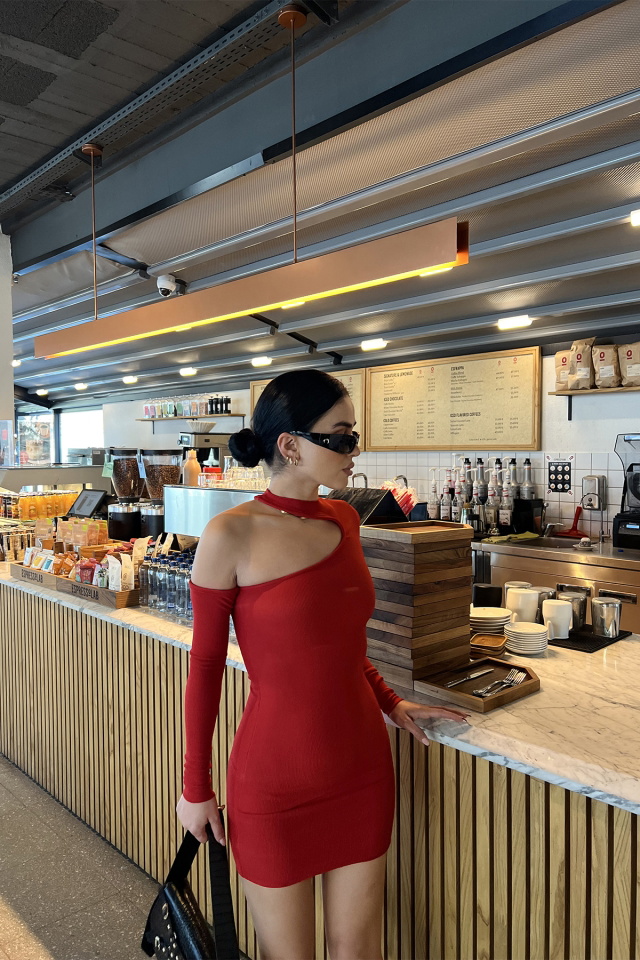 Kırmızı Pencere Detay Fitilli Mini Elbise ATE3312 - 3