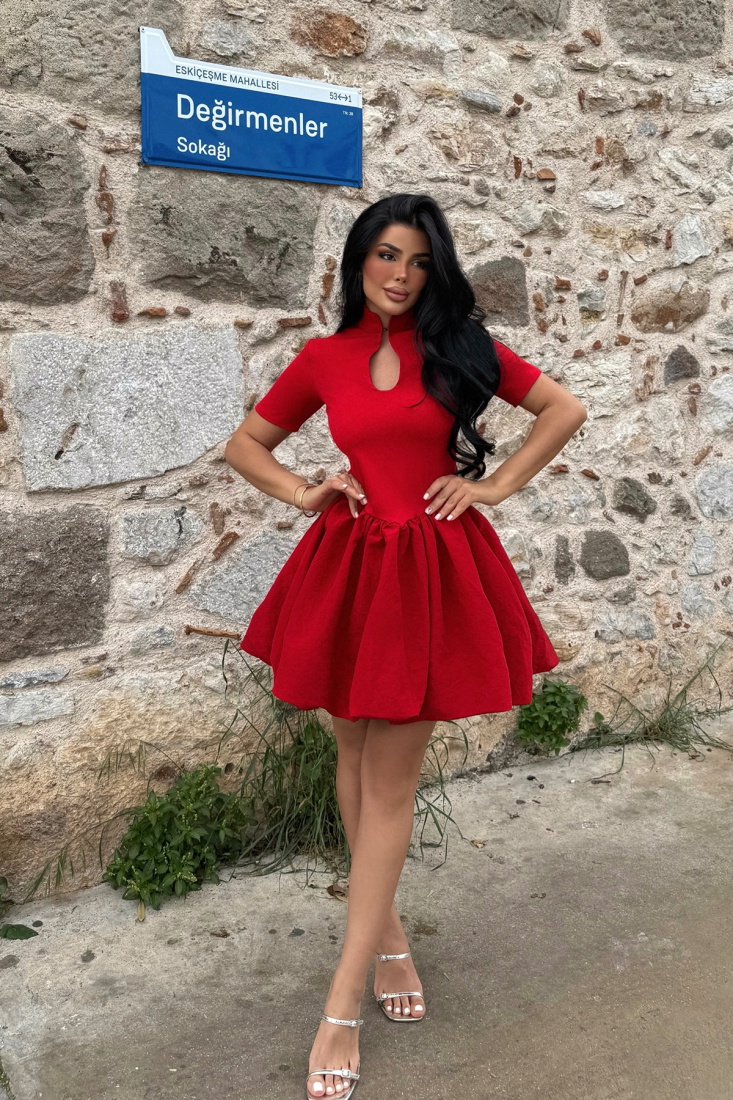 Kırmızı Pencere Detay Mini Elbise ATE-2310 - EYYO