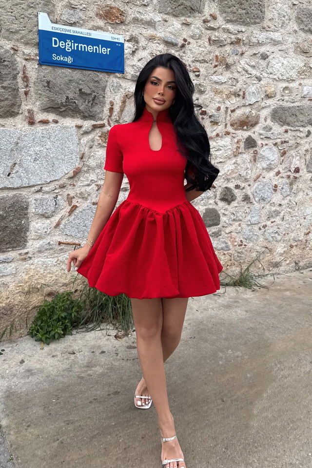 Kırmızı Pencere Detay Mini Elbise ATE-2310 - 4