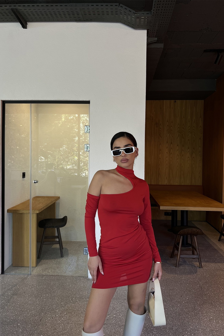 Kırmızı Pencere Detay Mini Elbise ATE3285 - EYYO