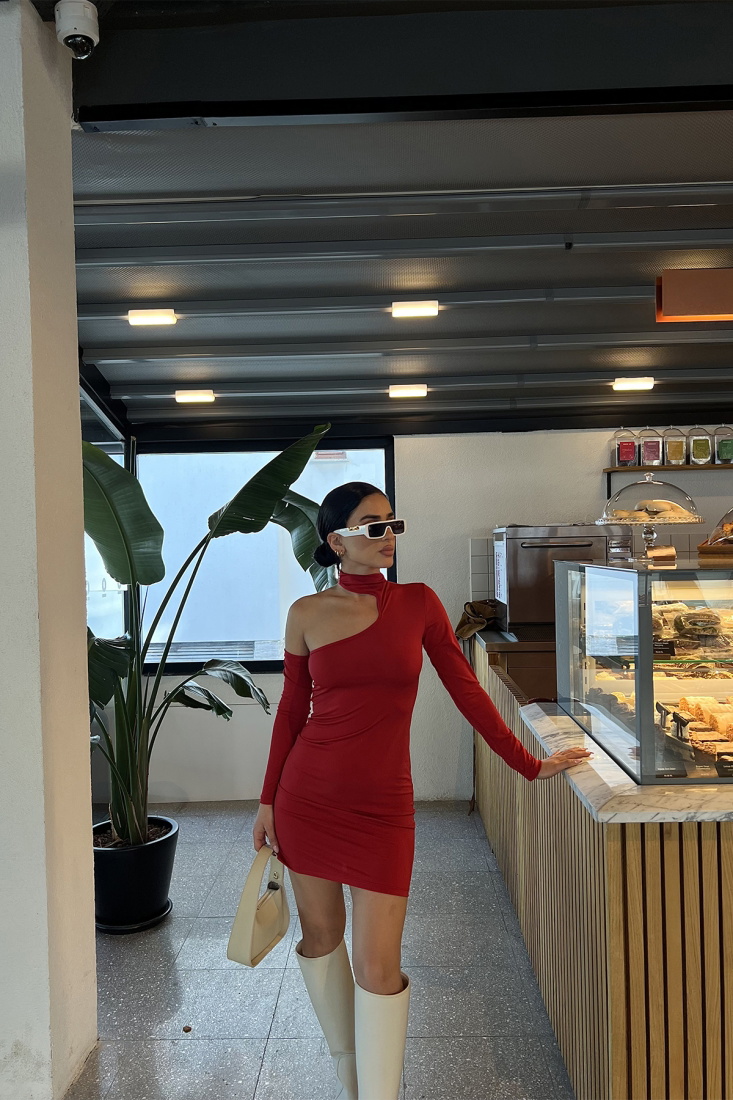 Kırmızı Pencere Detay Mini Elbise ATE3285 - EYYO