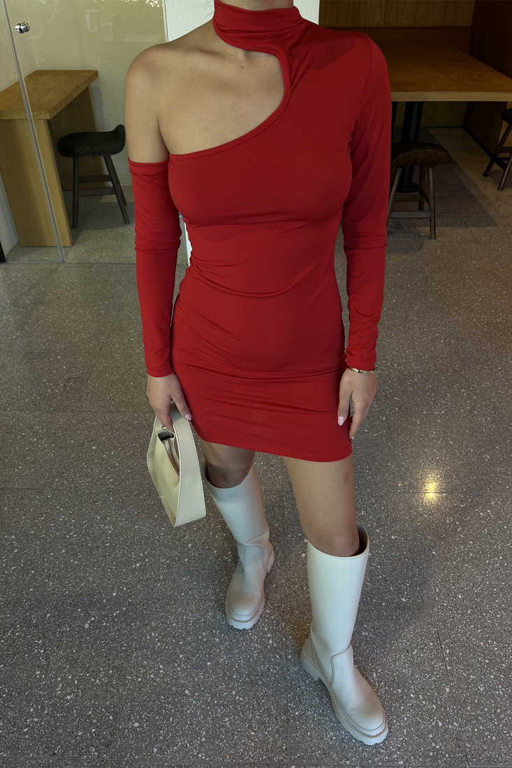 Kırmızı Pencere Detay Mini Elbise ATE3285 - EYYO