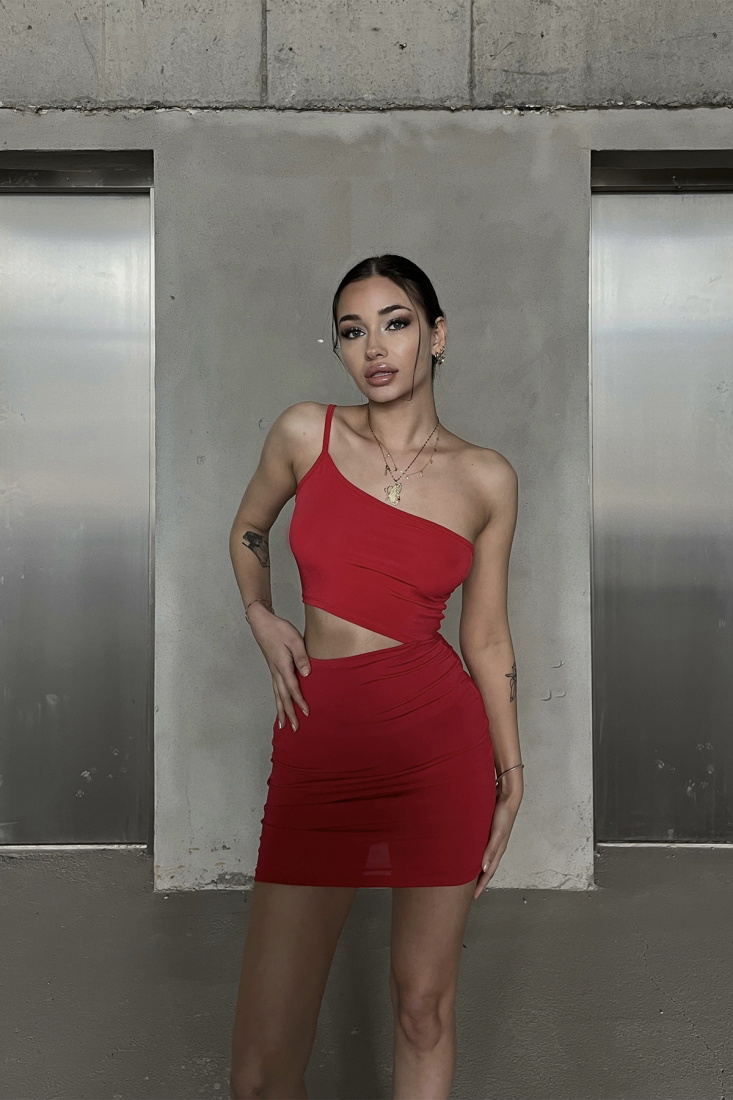 Kırmızı Pencere Detay Mini Elbise ATE4445 - EYYO