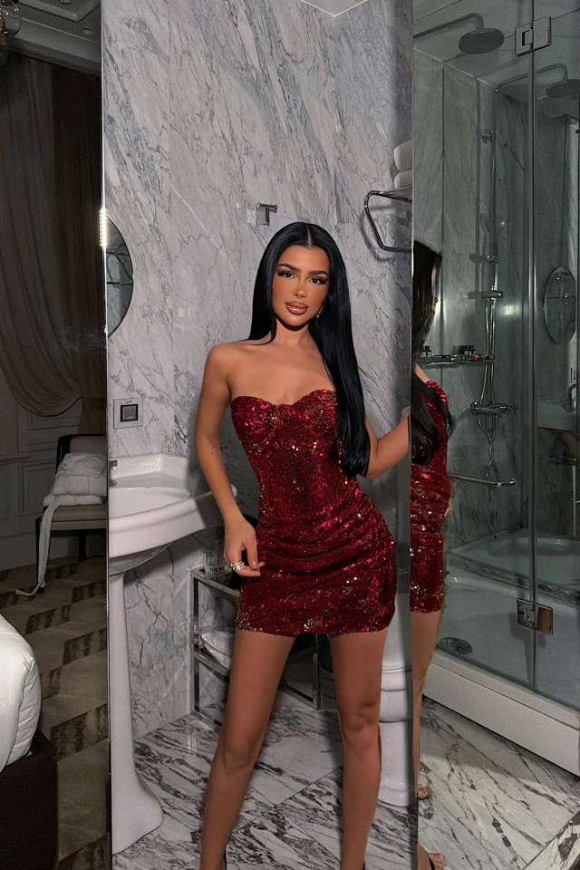 Kırmızı Florianne Çift Payet Renkli Mini Elbise ATE-4565 - 3