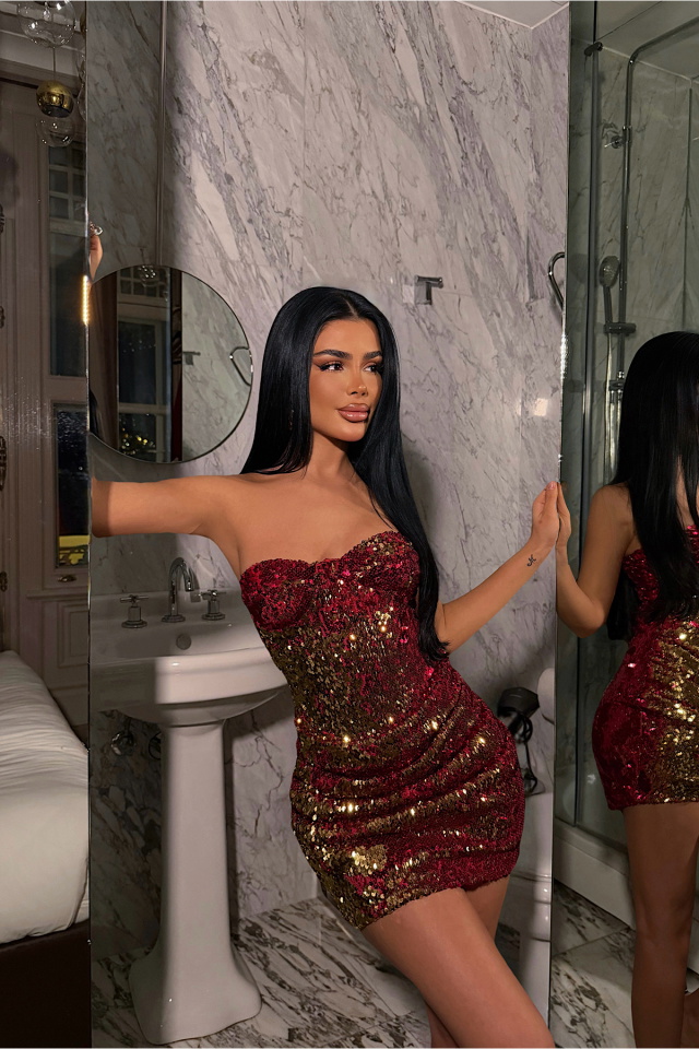 Kırmızı Florianne Çift Payet Renkli Mini Elbise ATE-4565 