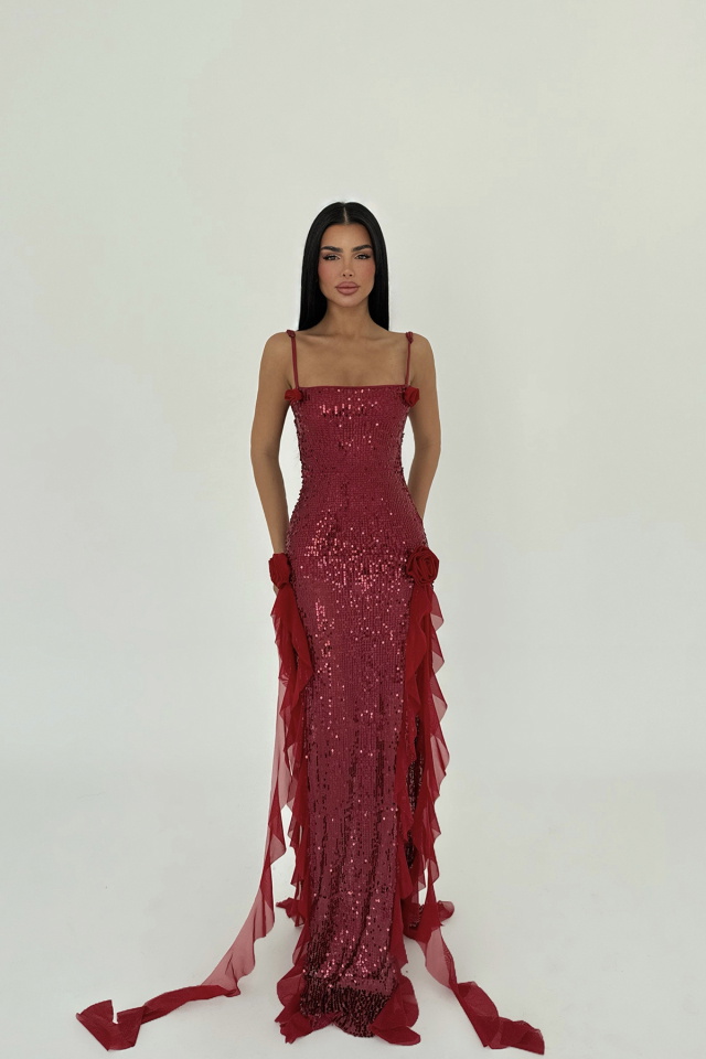 Kırmızı Paxton Payetli Uzun Yırtmaçlı Elbise ATE-2612 - 6