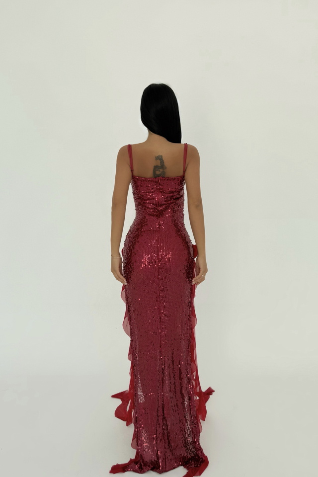 Kırmızı Paxton Payetli Uzun Yırtmaçlı Elbise ATE-2612 - 8