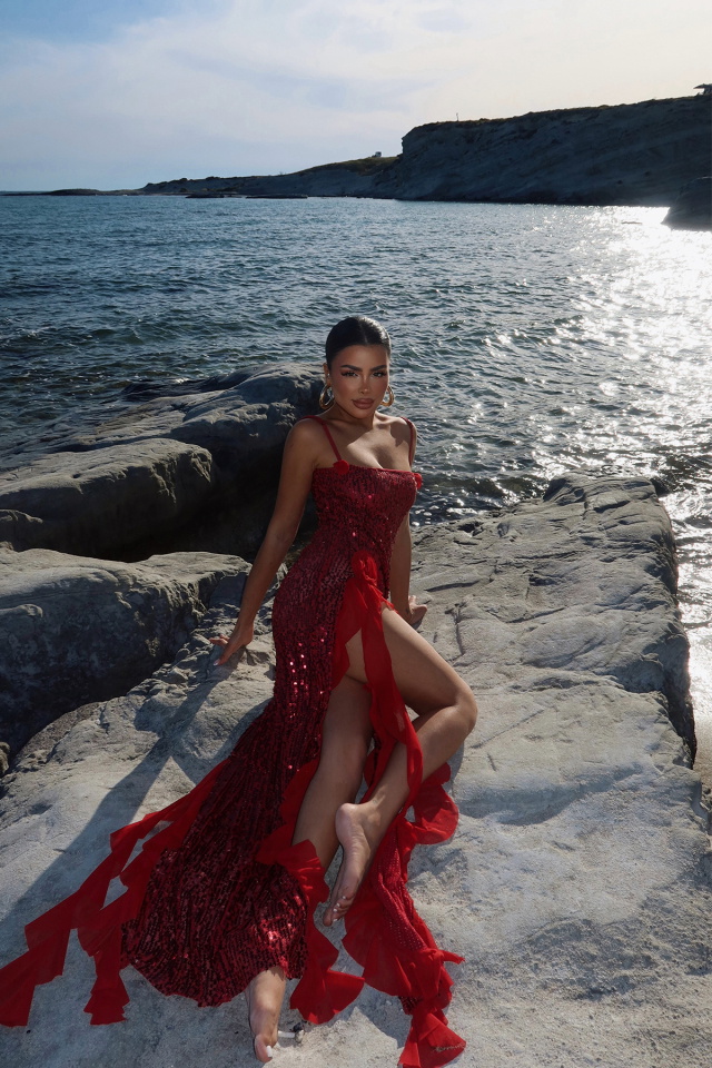 Kırmızı Paxton Payetli Uzun Yırtmaçlı Elbise ATE-2612 - 1