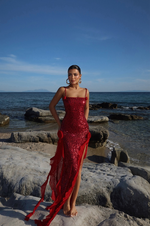 Kırmızı Paxton Payetli Uzun Yırtmaçlı Elbise ATE-2612 - 2