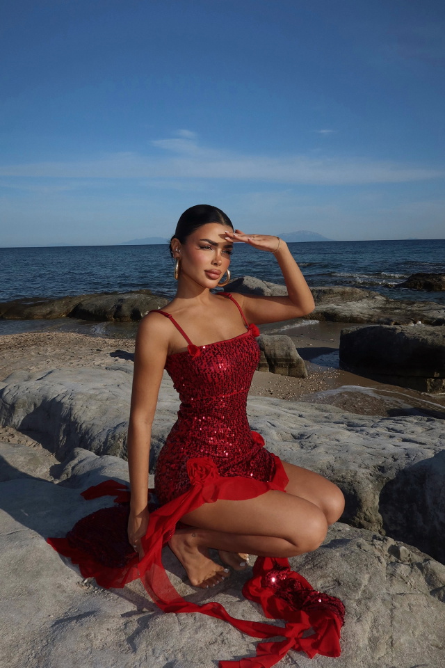 Kırmızı Paxton Payetli Uzun Yırtmaçlı Elbise ATE-2612 - 4