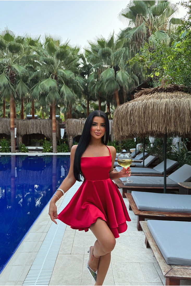 Kırmızı Anabel Saten Elbise ATE-1346 - EYYO