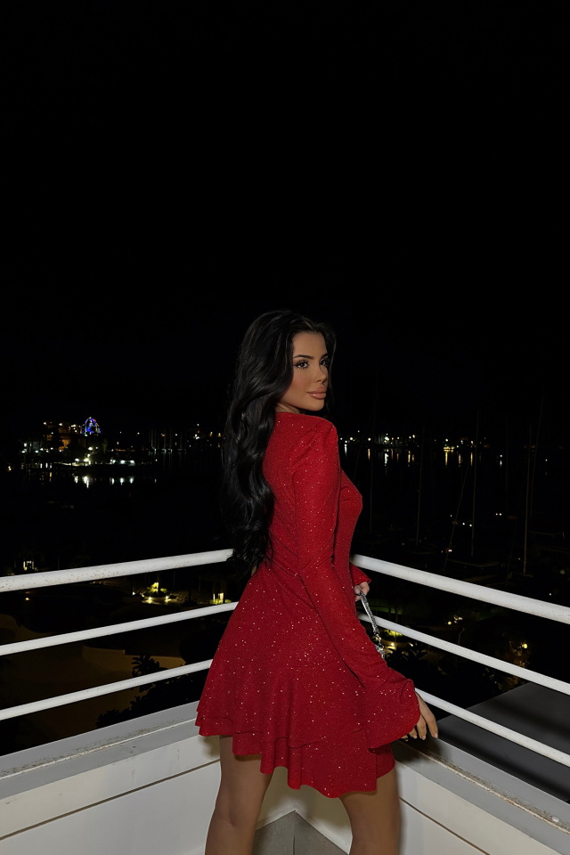 Kırmızı Simli Mini Elbise ATE-0635 - 5