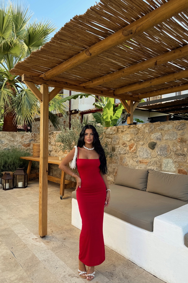 Kırmızı Trudy Askılı Uzun Elbise ATE-1204 