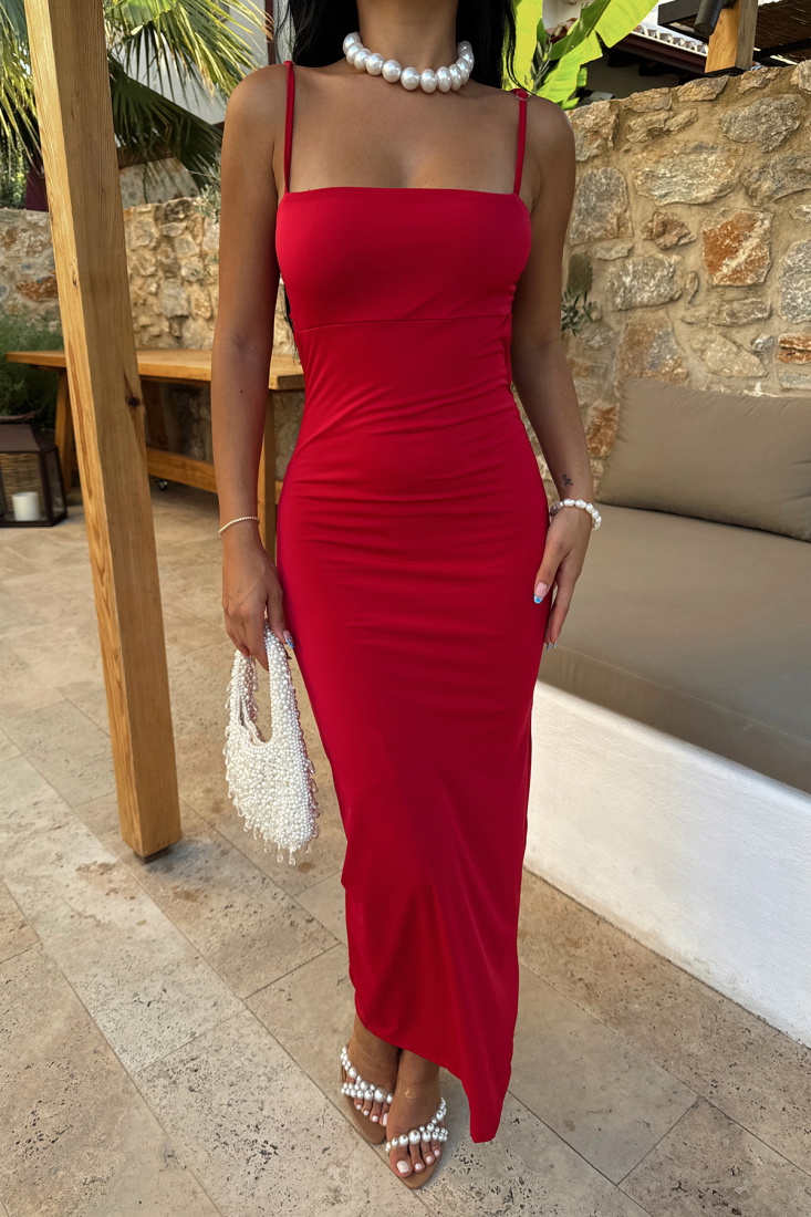 Kırmızı Trudy Askılı Uzun Elbise ATE-1204 - EYYO