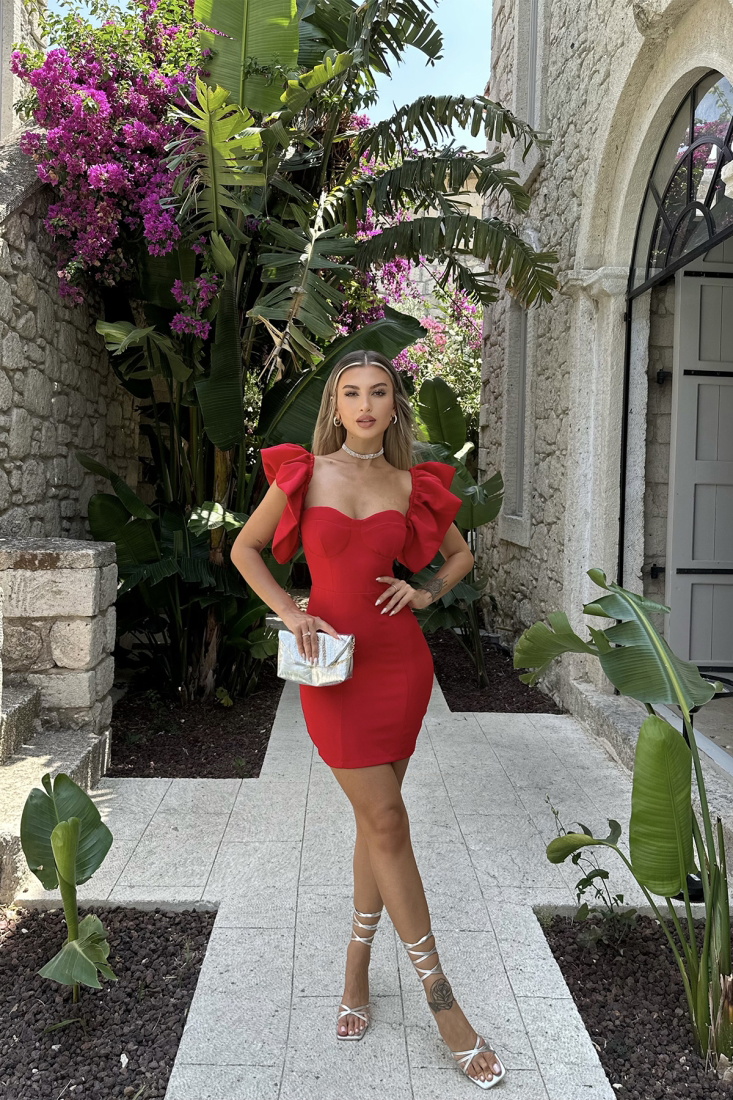 Kırmızı Sırt Detay Mini Elbise ATE7609 - EYYO