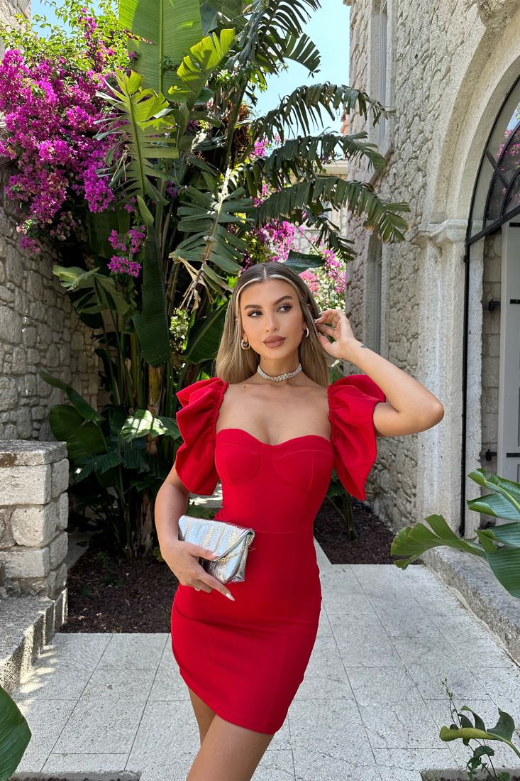 Kırmızı Sırt Detay Mini Elbise ATE7609 - EYYO