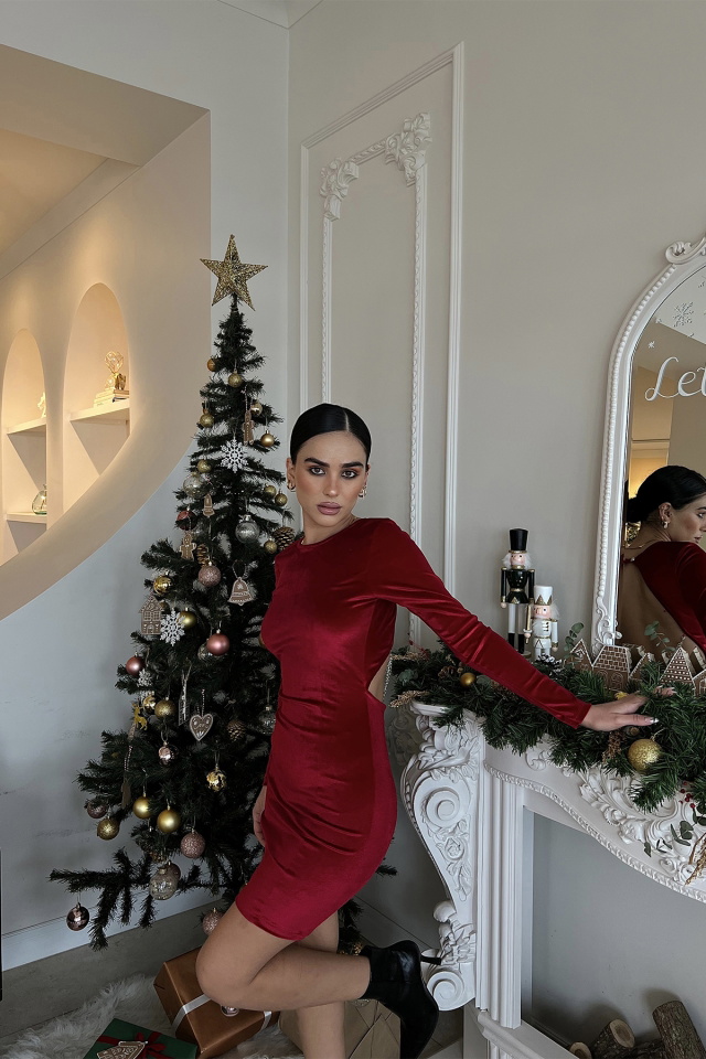 Kırmızı Sırt Detay Pencereli Elbise ATE2879 - 4