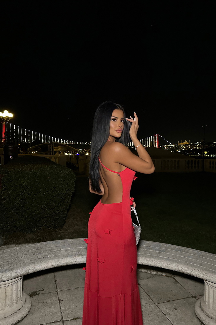 Kırmızı Sırt Detay Uzun Elbise ATE8503 - EYYO