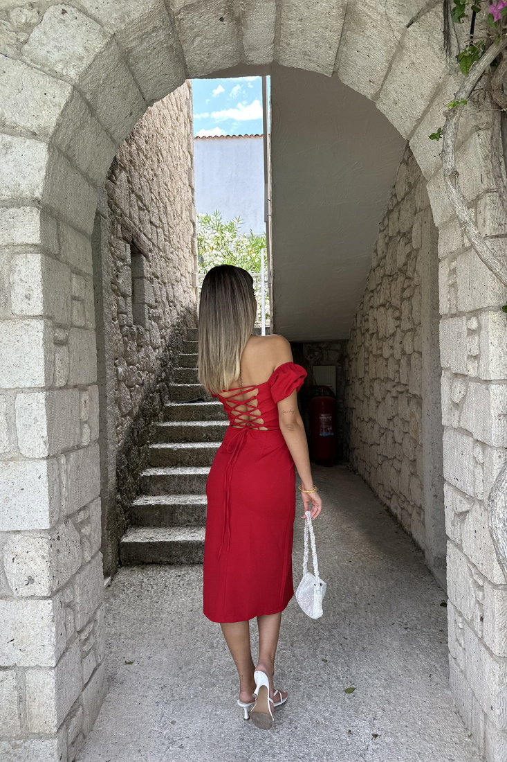 Kırmızı Sırtı Bağcık Detay Bağlamalı Elbise ATE7581 - EYYO