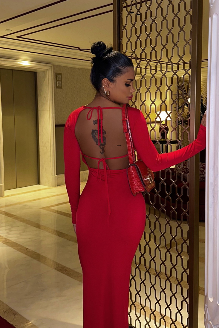 Kırmızı Sırtı Bağlamalı Uzun Elbise ATE8501 - EYYO