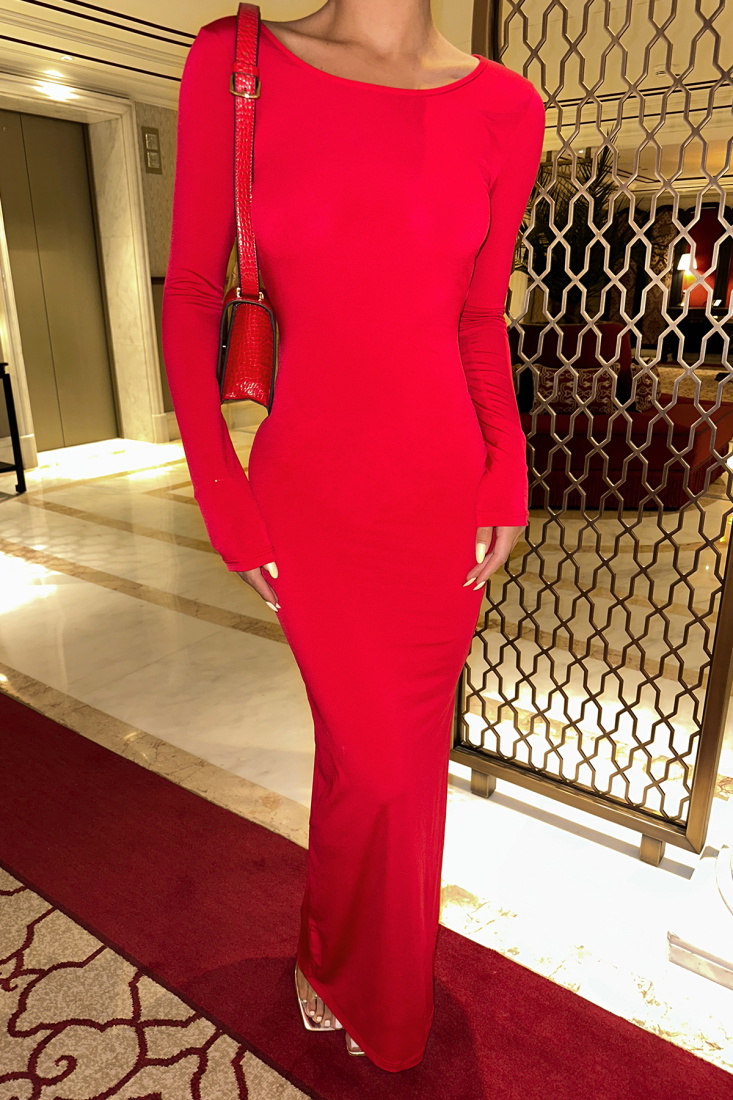 Kırmızı Sırtı Bağlamalı Uzun Elbise ATE8501 - EYYO