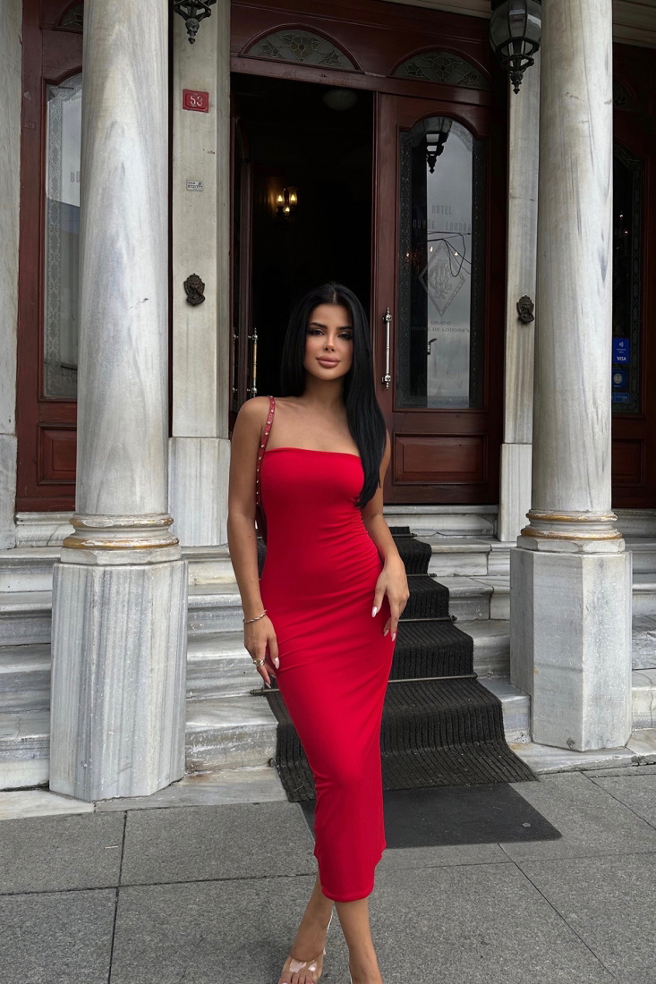 Kırmızı Straplez Uzun Elbise ATE8004 - EYYO