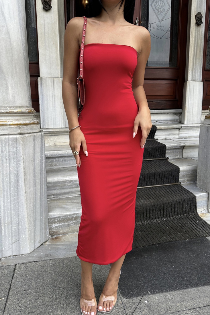 Kırmızı Straplez Uzun Elbise ATE8004 - EYYO