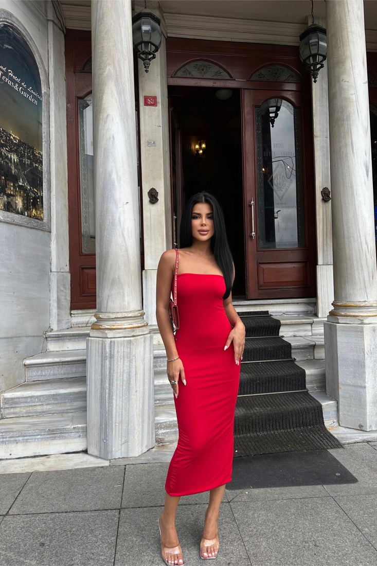 Kırmızı Straplez Uzun Elbise ATE8004 - EYYO