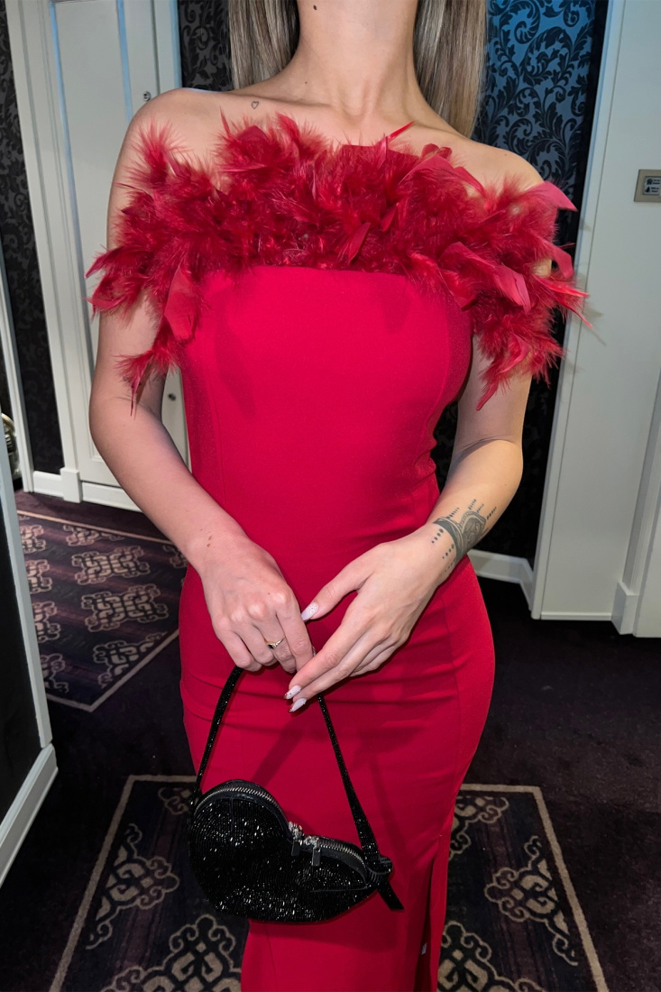 Kırmızı Straplez Tüy Detay Elbise ATE4676 - EYYO