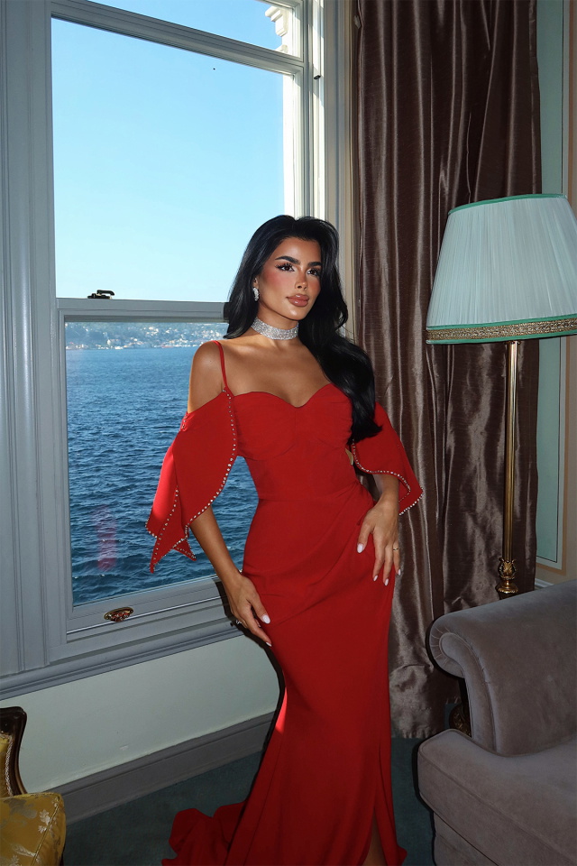 Kırmızı Aella Uzun Yırtmaçlı Abiye ATE-3408 - 2