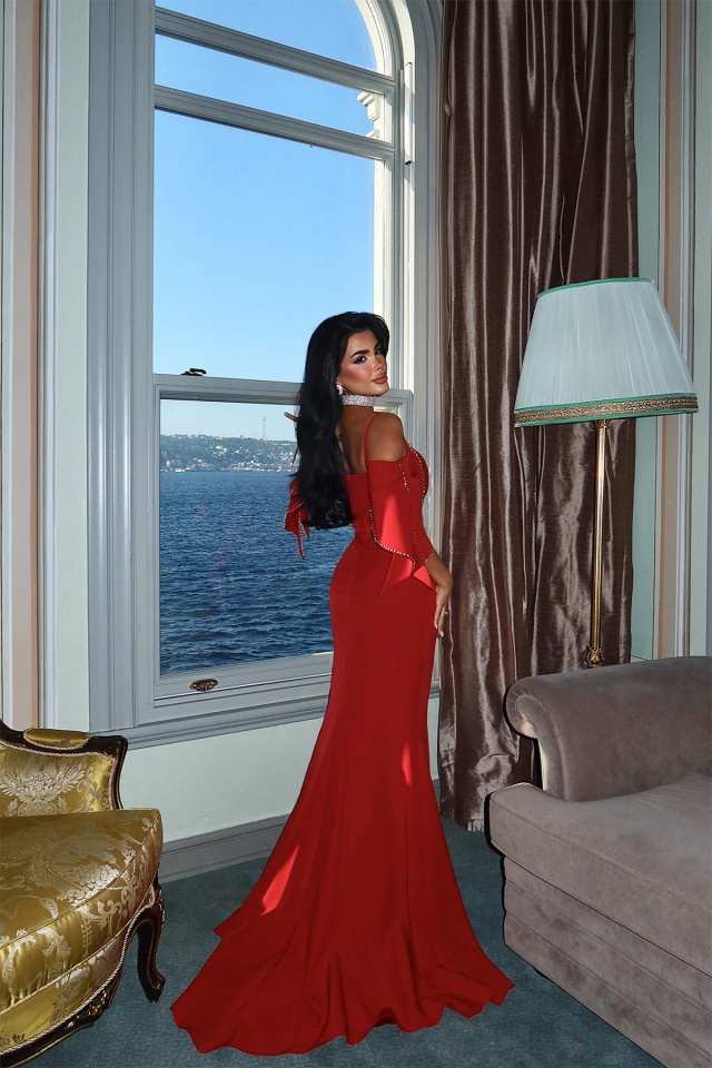 Kırmızı Aella Uzun Yırtmaçlı Abiye ATE-3408 - 5