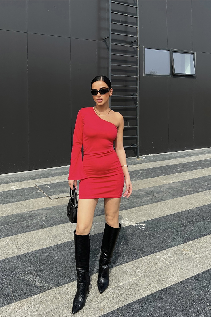 Kırmızı Tek Kol Mini Elbise ATE4775 - EYYO