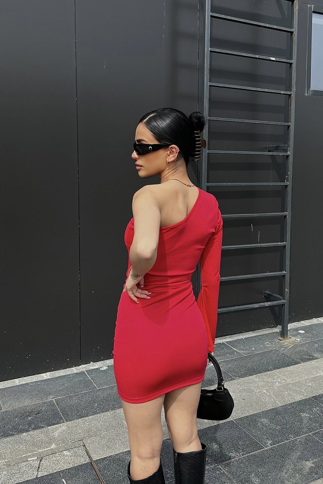 Kırmızı Tek Kol Mini Elbise ATE4775 - 5
