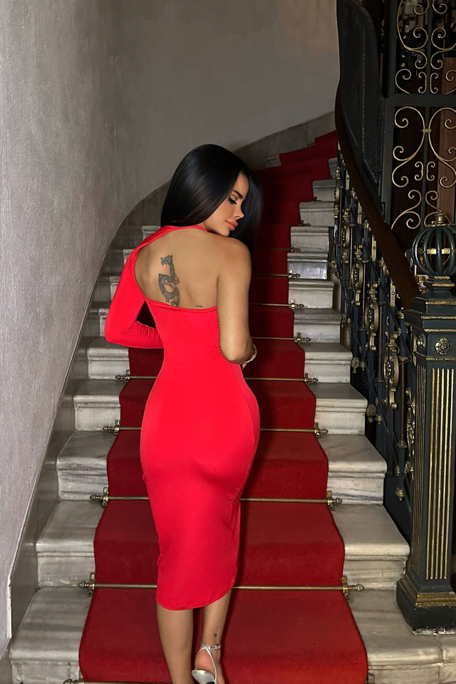 Kırmızı QUINN Tek Kol Elbise ATE-0326 - 5