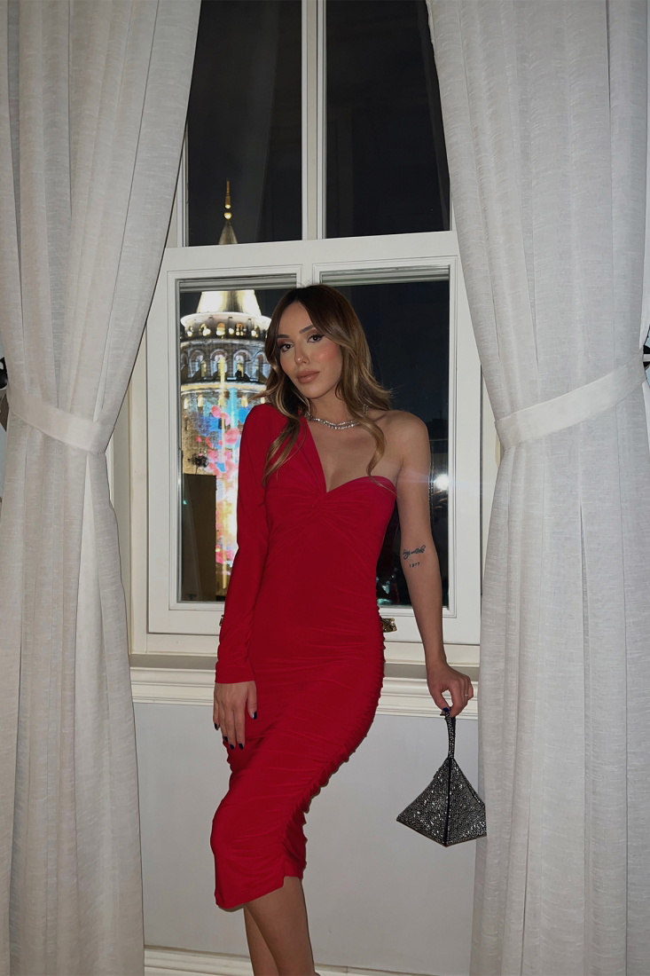 Kırmızı Tek Kol Uzun Elbise ATE3570 - EYYO