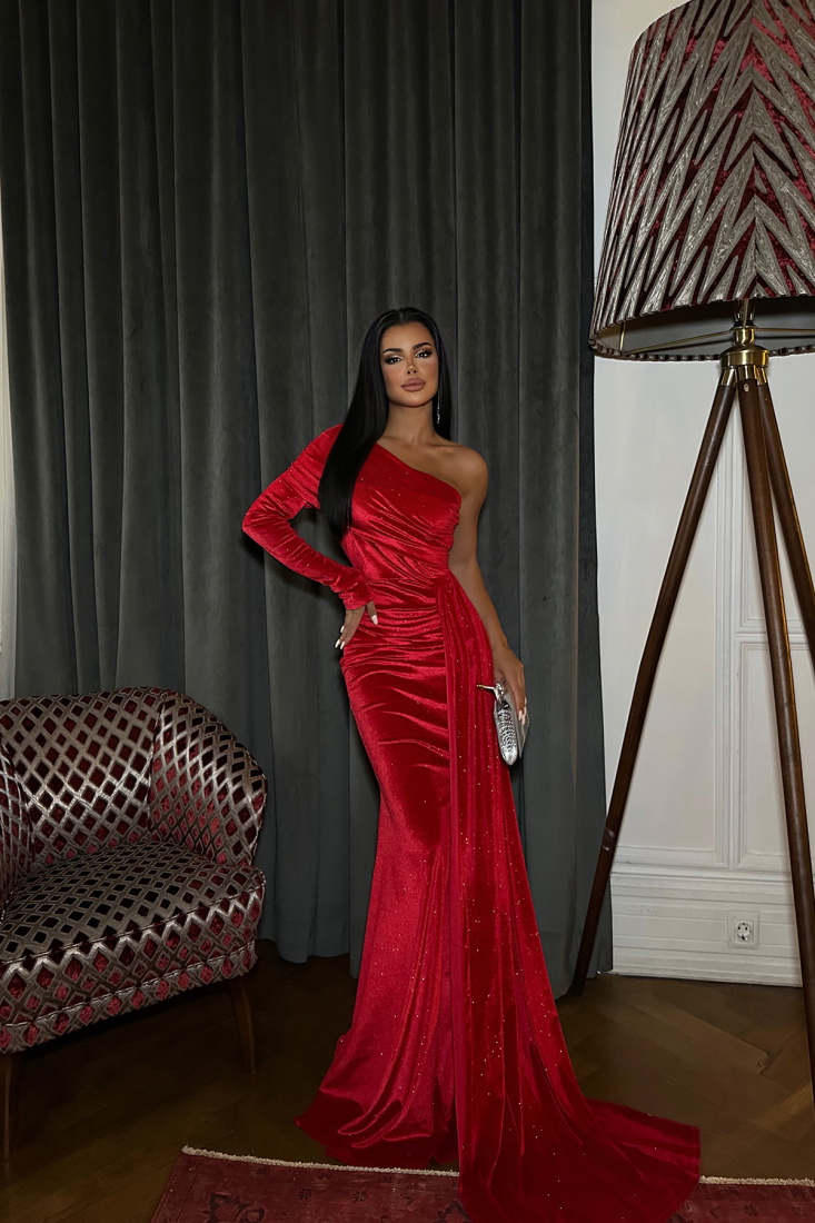 Kırmızı Tek Kol Uzun Elbise ATE8596 - EYYO