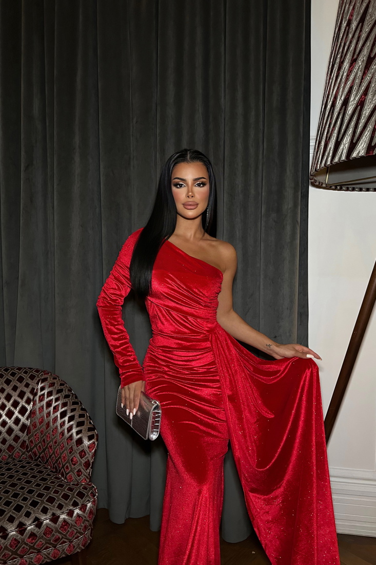 Kırmızı Tek Kol Uzun Elbise ATE8596 - EYYO