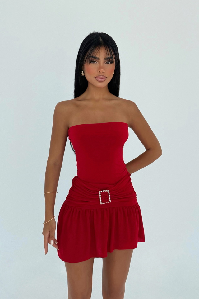 Kırmızı Jody Mini Taş Aksesuarlı Elbise ATE-3115 - 1