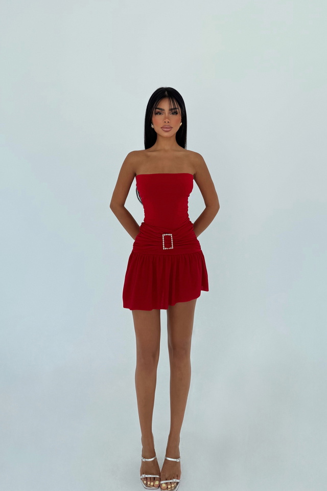 Kırmızı Jody Mini Taş Aksesuarlı Elbise ATE-3115 - 2