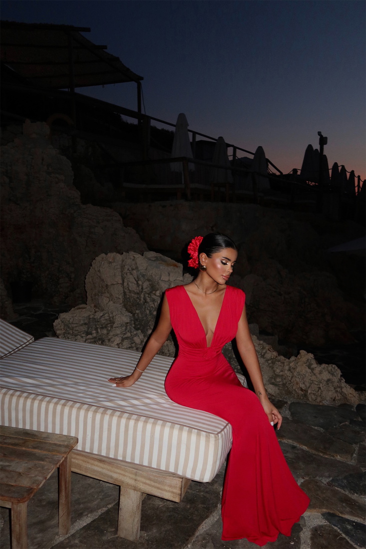 Kırmızı Isole Gül Detaylı Elbise ATE-1433 - EYYO