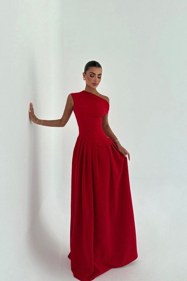 Kırmızı Bimala Kayık Yaka Elbise ATE-2930 - 2