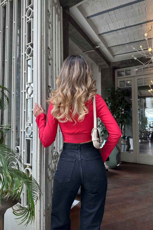 Kırmızı Uzun Kol Crop Top ATE5061 - 6