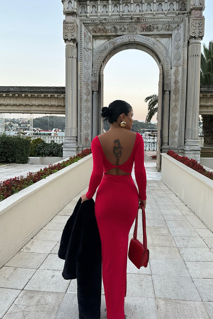 Kırmızı Uzun Kol Elbise ATE8510 - EYYO