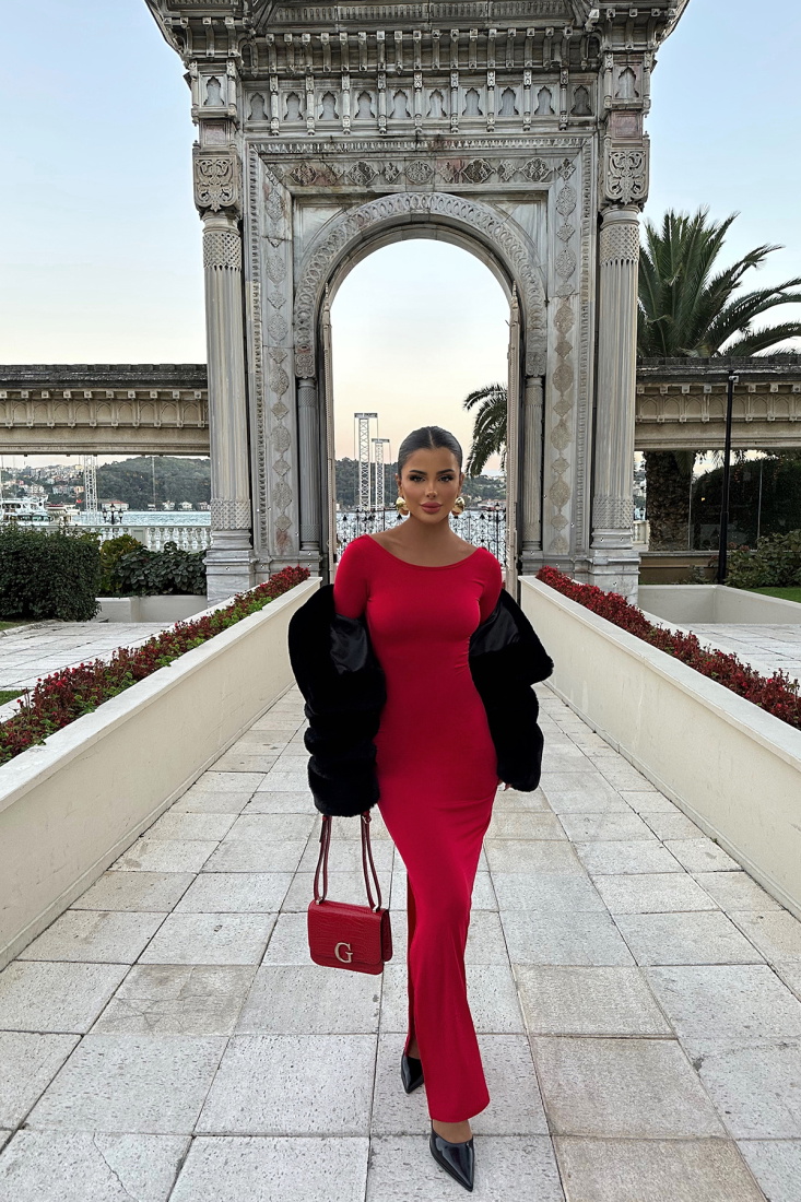 Kırmızı Uzun Kol Elbise ATE8510 - EYYO