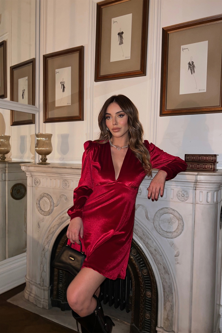 Kırmızı V Yaka Mini Elbise ATE3034 - EYYO