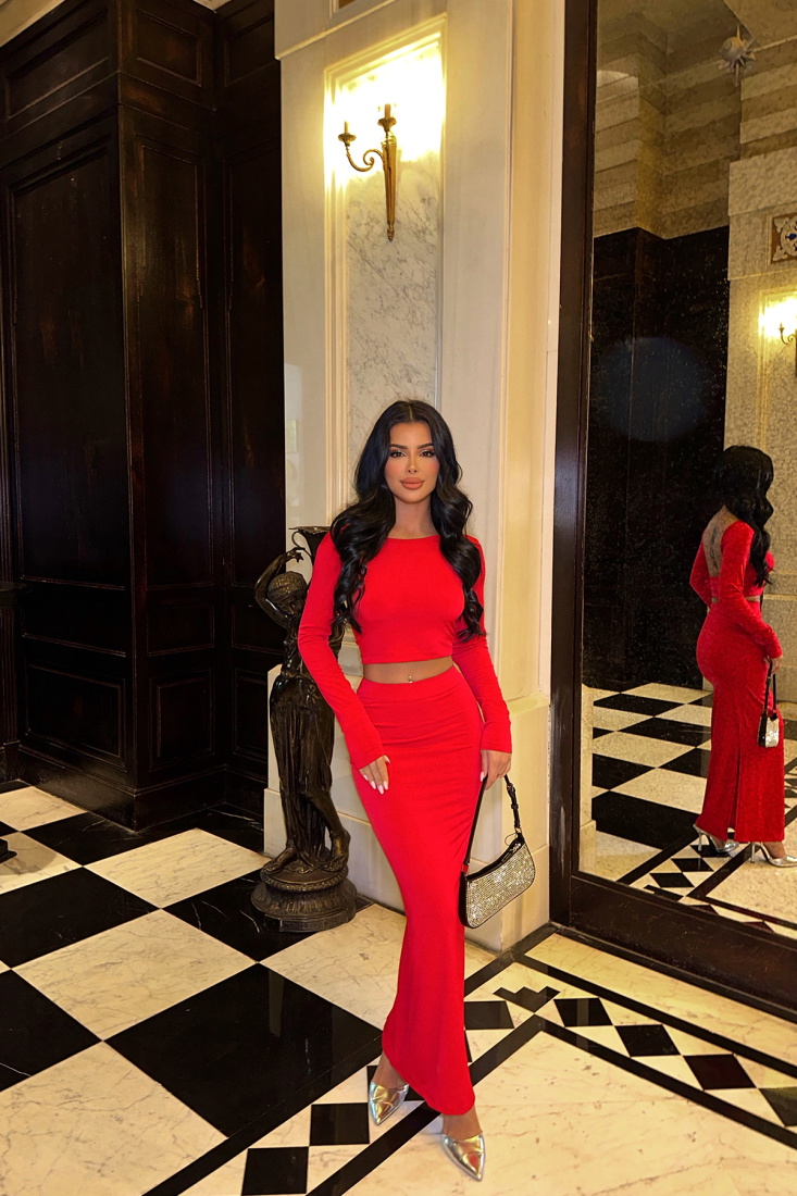 Kırmızı Yırtmaç Detay Etekli Takım ATE8587 - EYYO