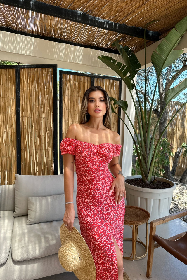 Kırmızı Yırtmaç Detay Uzun Elbise ATE7496 - 4