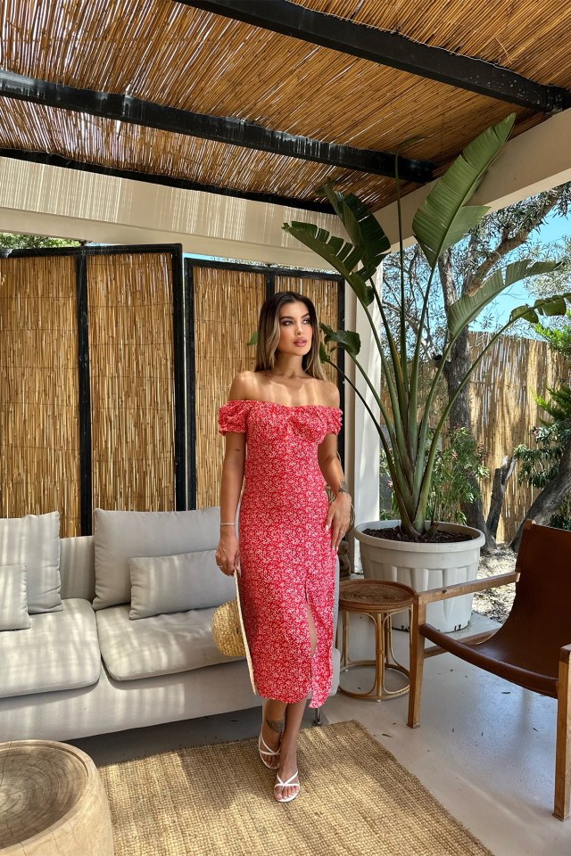 Kırmızı Yırtmaç Detay Uzun Elbise ATE7496 - 3